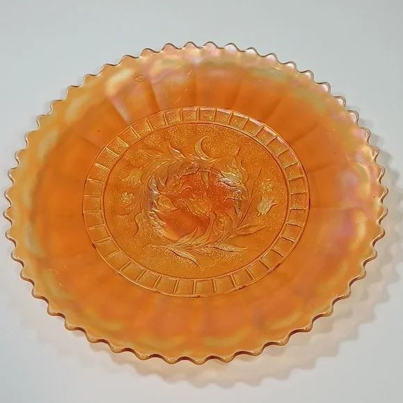 Rare VTG Dugan Windflower Marigold Carnival Glass Round Scallop Edge 9 Plate